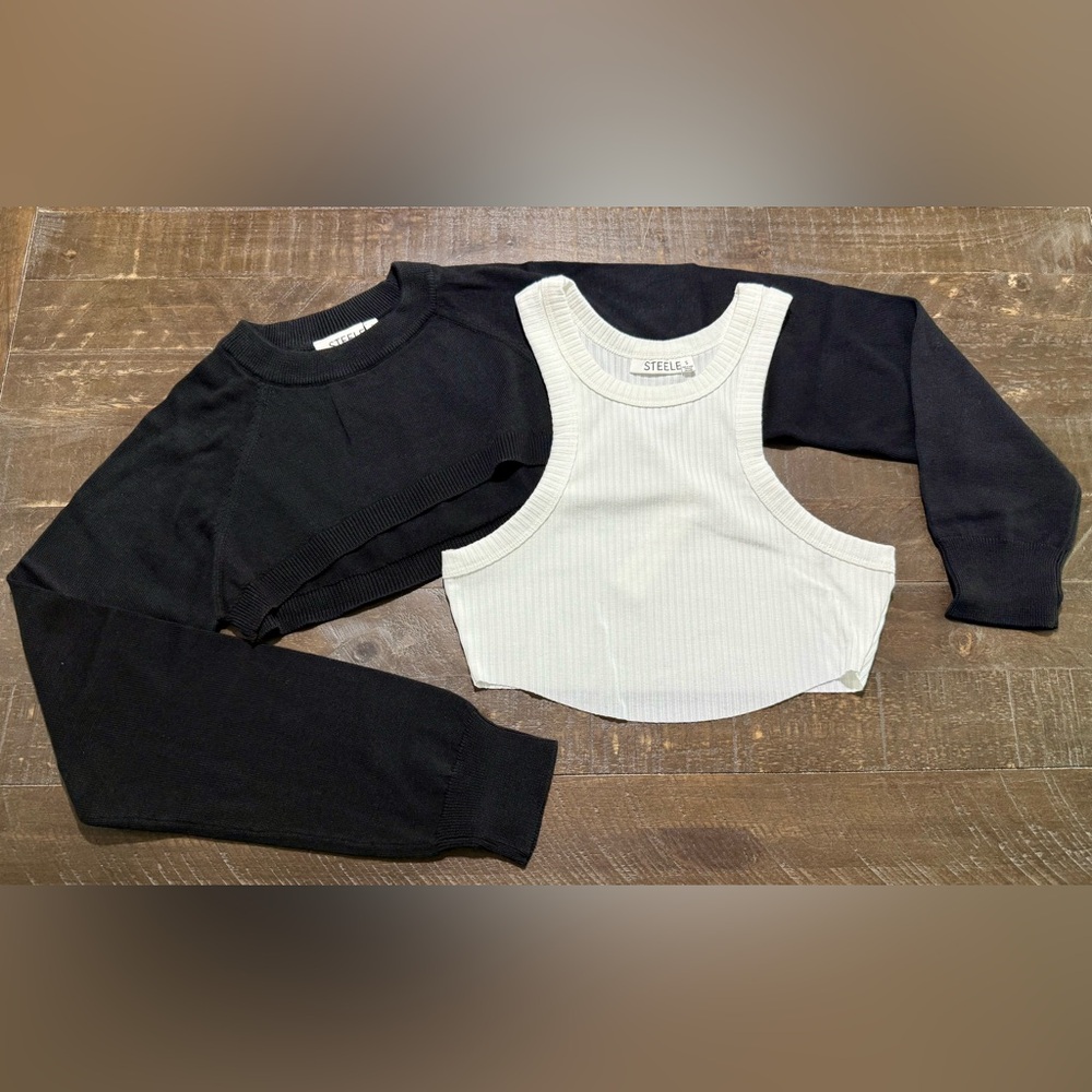 NWT Steele Lizeth Black Viscose Bolero White Ribbed Crop Muscle Tank Set Small - Picture 2 of 15